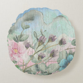 Rustic Watercolor Wildblommor Rund Kudde