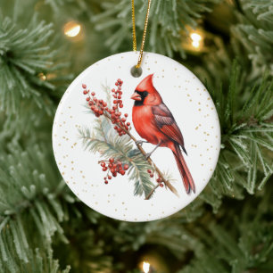 Rustic Watercolor Winter Cardinal Holly Gren Julgransprydnad Keramik