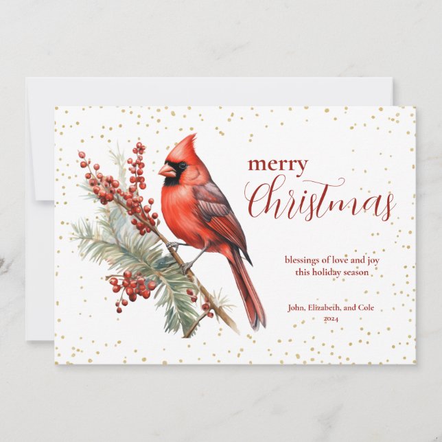 Rustic Watercolor Winter Cardinal Holly Gren Julkort (Framsida)