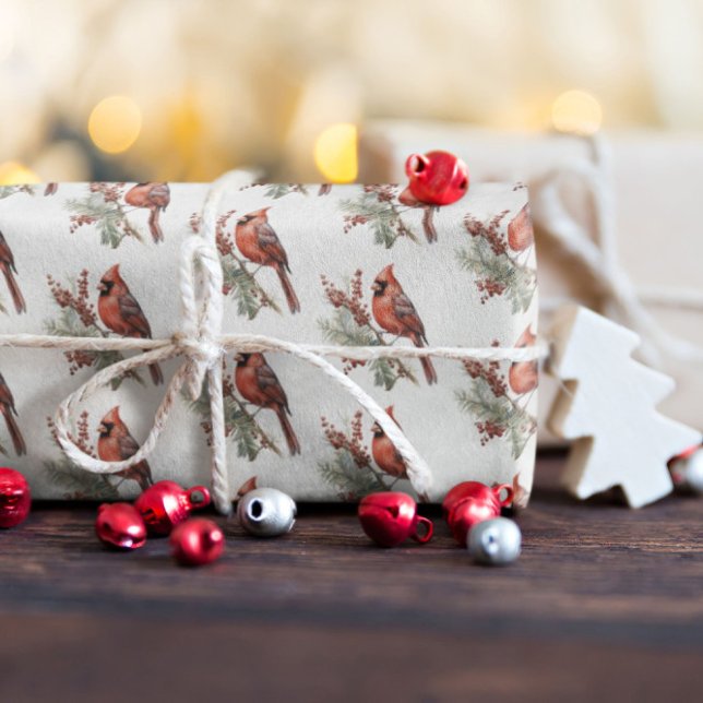 Rustic Watercolor Winter Cardinal Holly Gren Presentpapper (Skapare uppladdad)