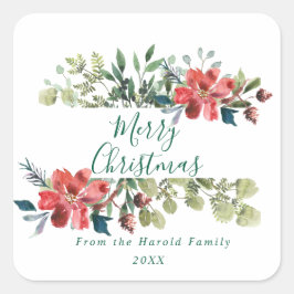 Rustic Watercolor Winter Greenery with Red Flowers Fyrkantigt Klistermärke