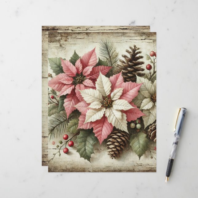 Rustic Watercolor Winter Poinsettia Papper (Fram/Back In Situ)