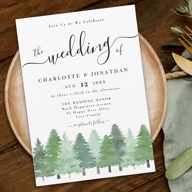 Rustic Watercolor Woodland Forest Bröllop Inbjudningar (Modern watercolor woodland forest wedding invitation elegant script)