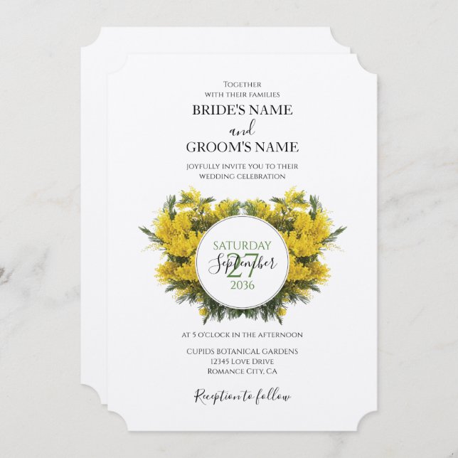 Rustic Wattle Acacia bröllopsinbjudningar Inbjudningar (Fram/baksida)