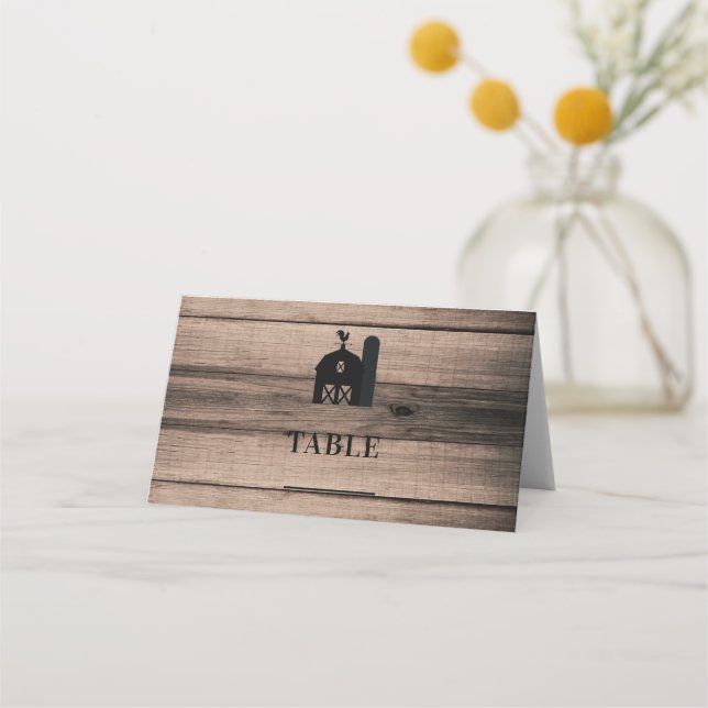 Rustic Weasted Wood Black Barn Bröllop Bord Placeringskort (Framsida)