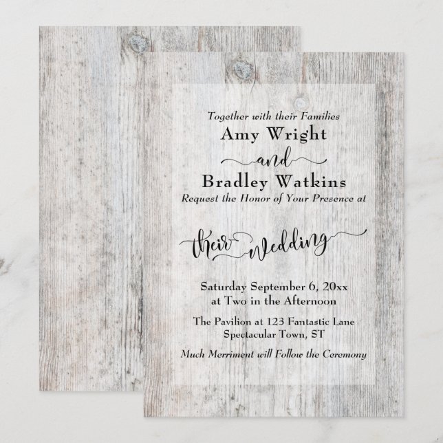 Rustic Weasted Wood Elegant Typography Bröllop Inbjudningar (Fram/baksida)