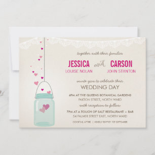 RUSTIC WEDDING INVITE söt mason burk med hjärtan Inbjudningar