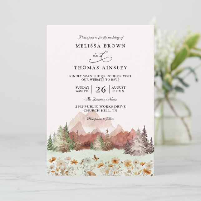 Rustic Wedding Mountain Wildflower QR Code Wedding Inbjudningar (Stående Fram)