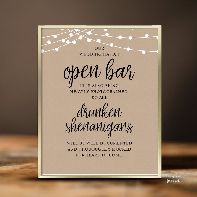 Rustic Wedding Open Bar, Drunken Shenanigans Poster (Modern Rustic Wedding Open Bar Drunken Shenanigans Poster in Cottage Brown Kraft, String Lights)