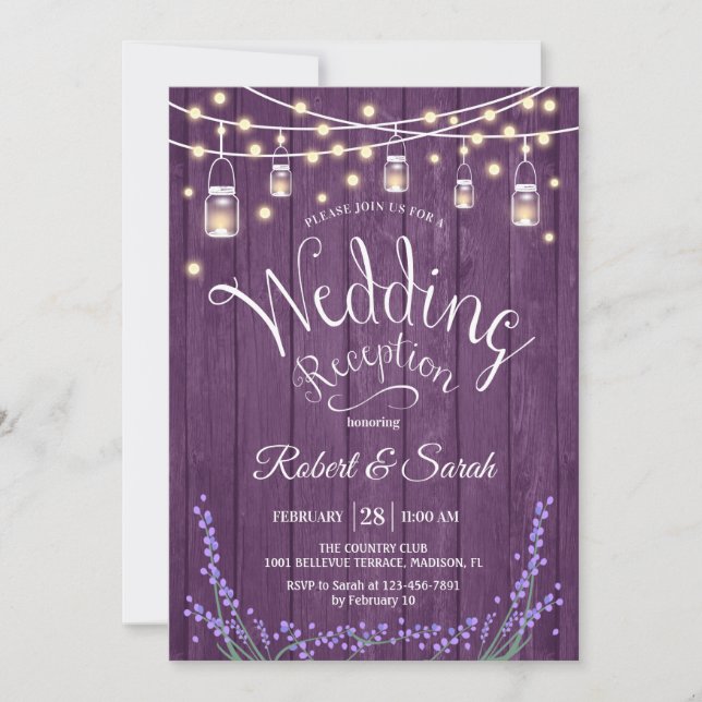 Rustic Wedding Reception - Lavender Lila Wood Inbjudningar (Framsida)