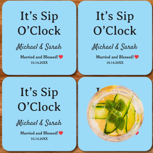 Rustic Wedding Romantic ‘Sip O'clock’ Custom Blue Underlägg Papper Kvadrat (Skapare uppladdad)