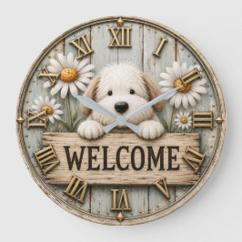 Rustic Welcome Puppy with Daisies Farmhouse Stor Klocka