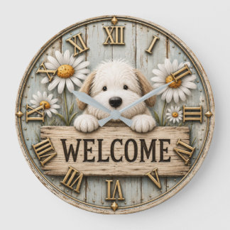 Rustic Welcome Puppy with Daisies Farmhouse Stor Klocka