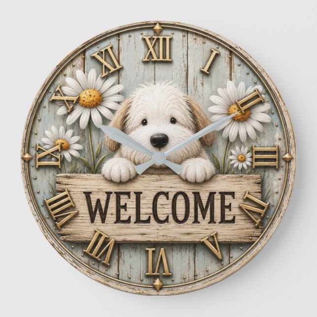 Rustic Welcome Puppy with Daisies Farmhouse Stor Klocka (Framsida)