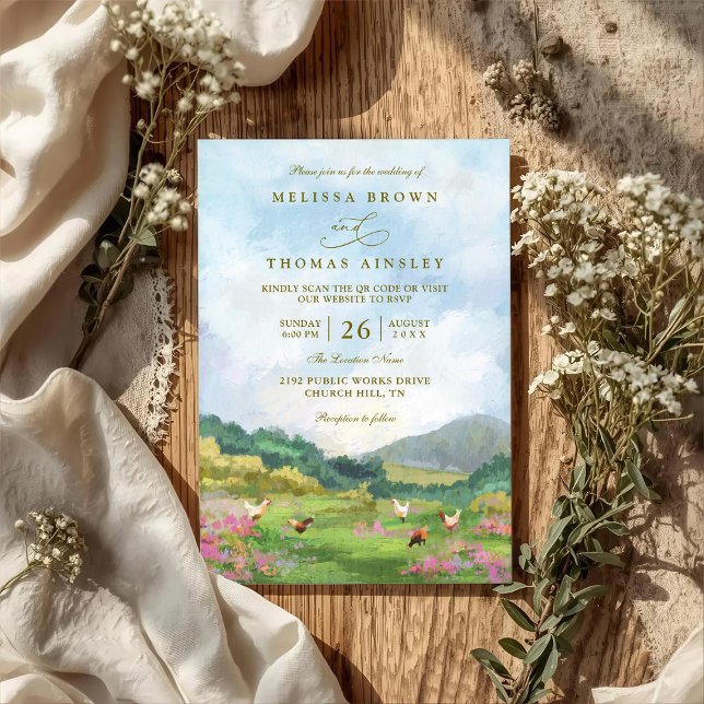 Rustic Western Barn Countryside QR Code Wedding Inbjudningar (Skapare uppladdad)