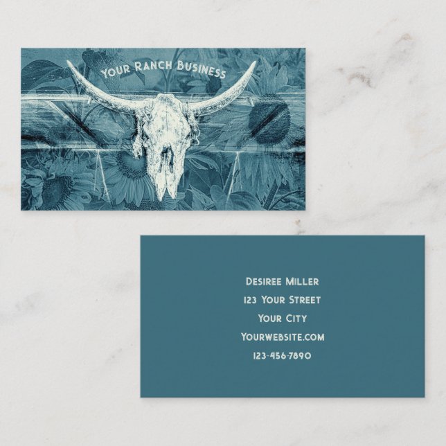 Rustic Western Blue SunblommBull Skull Visitkort (Fram/baksida)
