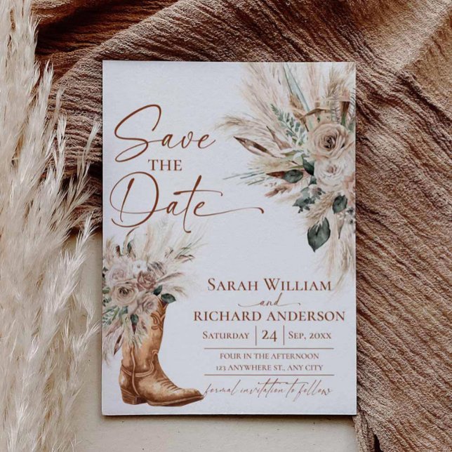 Rustic Western Boho Cowgirl Boots Save the Date Spara Datumet (Desert Boho Pampas Grass Wedding Announcement)
