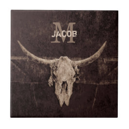 Rustic Western Brown Beige Old Bull Skull Monogram Kakelplatta