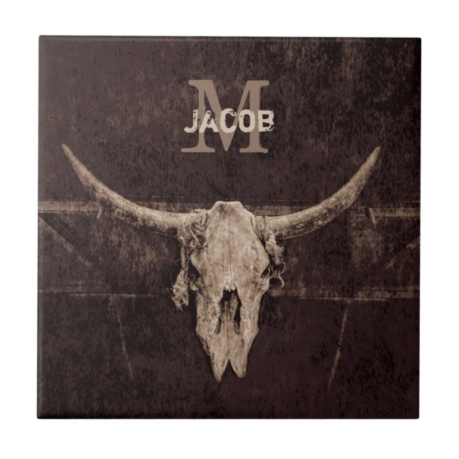 Rustic Western Brown Beige Old Bull Skull Monogram Kakelplatta (Framsidan)