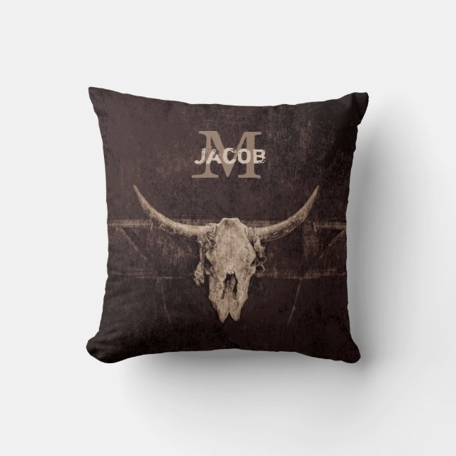 Rustic Western Brown Beige Old Bull Skull Monogram Kudde (Framsida)
