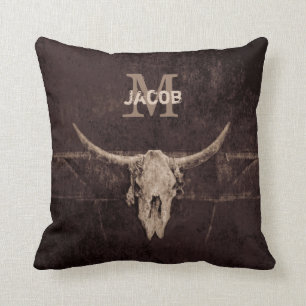 Rustic Western Brown Beige Old Bull Skull Monogram Kudde