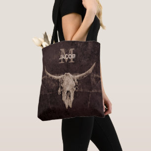 Rustic Western Brown Beige Old Bull Skull Monogram Tygkasse