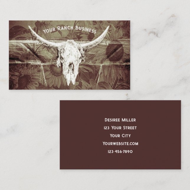 Rustic Western Brown SunblommBull Skull Visitkort (Fram/baksida)