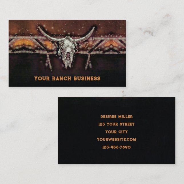 Rustic Western Bull Cow Skull Orange Brown Tribal Visitkort (Fram/baksida)