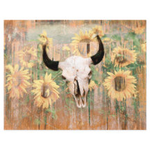 Rustic Western Bull Skull Brown Gult Sunblommor