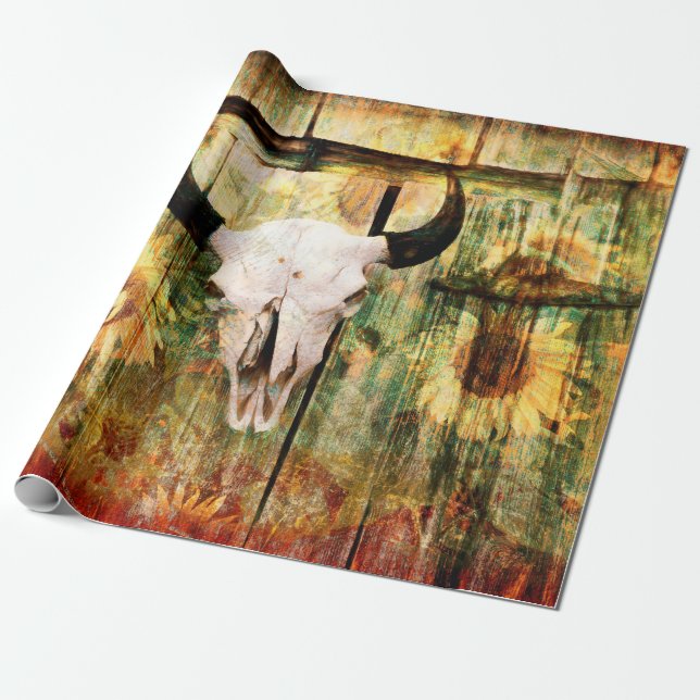 Rustic Western Bull Skull Land Sunblommor Presentpapper (Utrullad)