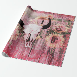 Rustic Western Bull Skull Rosa Gult Sunwers Presentpapper