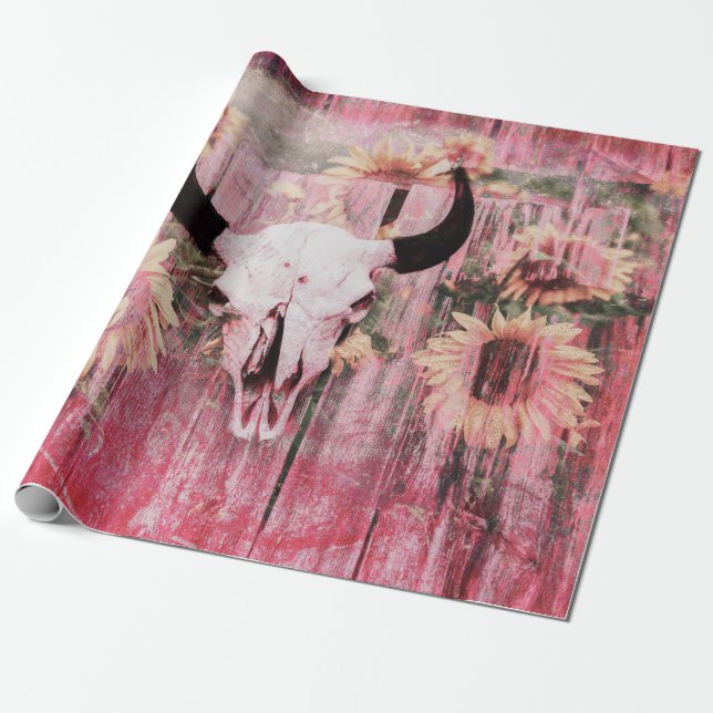 Rustic Western Bull Skull Rosa Gult Sunwers Presentpapper (Utrullad)