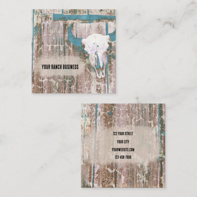 Rustic Western Bull Skull Teal Brown Struktur Fyrkantigt Visitkort (Fram/baksida)