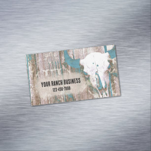 Rustic Western Bull Skull Teal Brown Struktur Magnetiska Visitkort