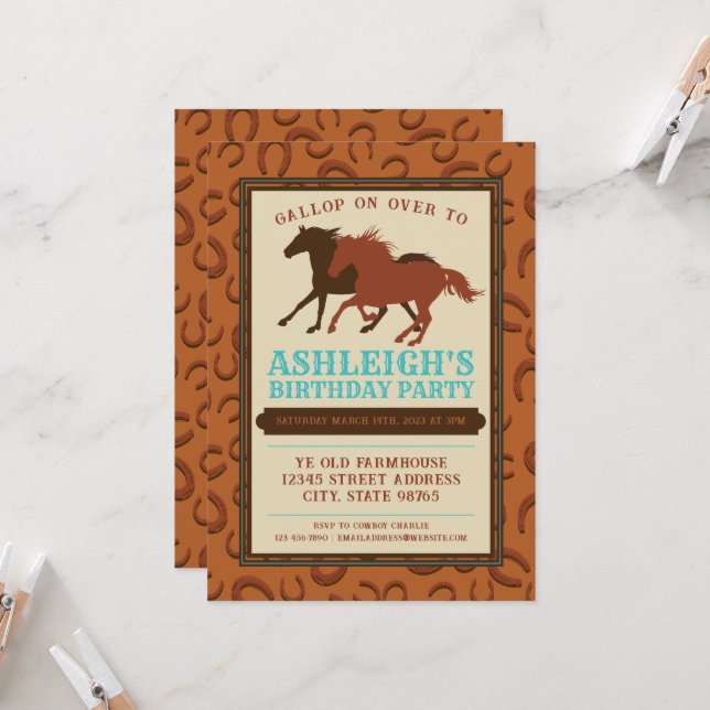 Rustic Western Cowboy Brown Horse Birthday Inbjudningar (Fram/Back In Situ)