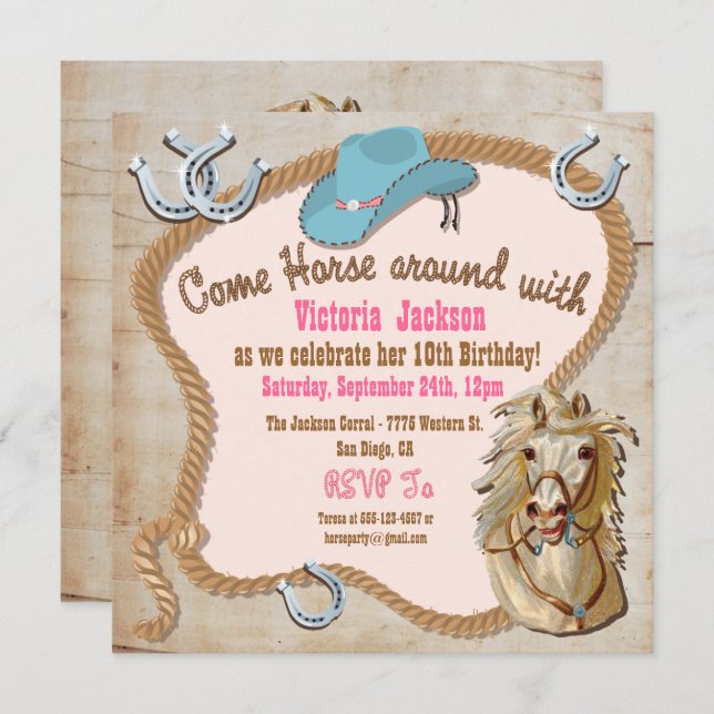 Rustic Western Cowgirl Horse Birthday-inbjudan Inbjudningar (Fram/baksida)