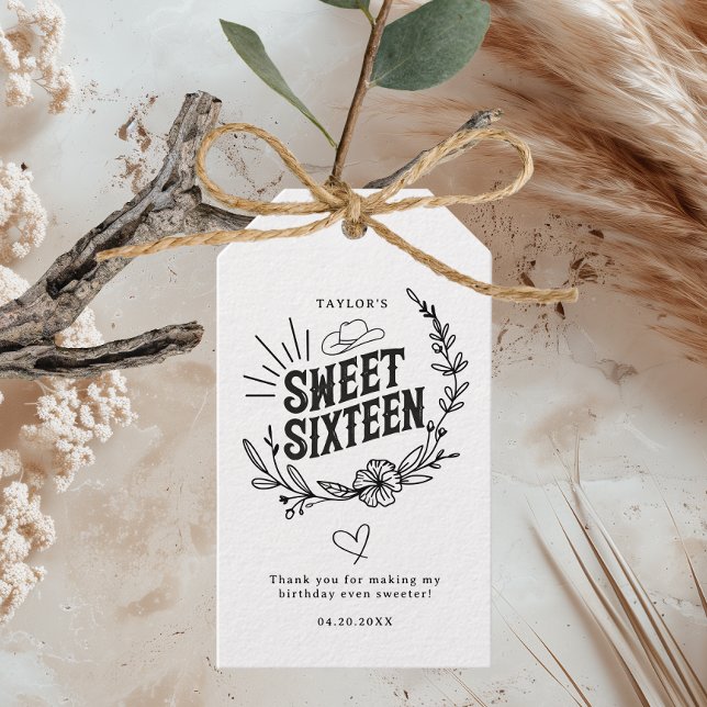 Rustic Western Cowgirl Sweet sixteen Birthday Presentetikett (Rustic Sweet Sixteen gift tag with a western floral design, printed on white textured paper.)