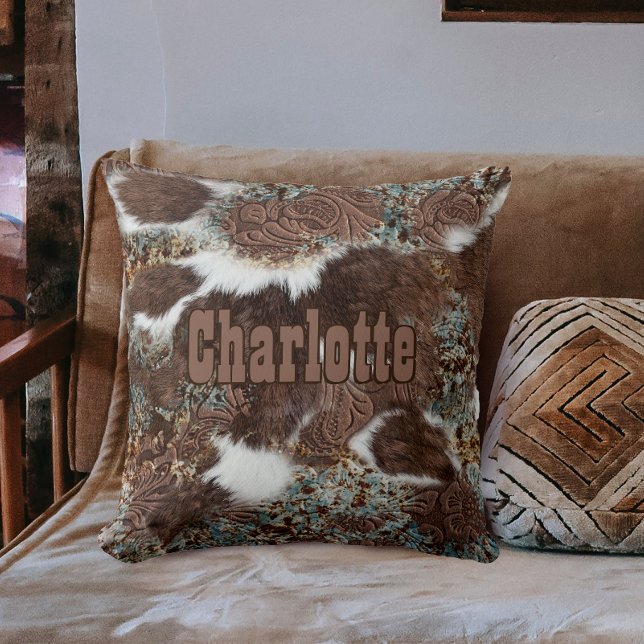 Rustic Western Cowhide Leather Namn Kudde (Skapare uppladdad)