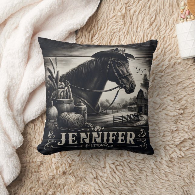 Rustic Western Horse and Farm Scene Kudde (Filt)