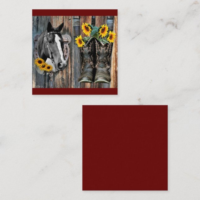 Rustic Western Horse Cowboystövlar Solblommor Fyrkantigt Visitkort (Fram/baksida)