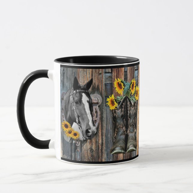 Rustic Western Horse Cowboystövlar Solblommor Mugg (Vänster)