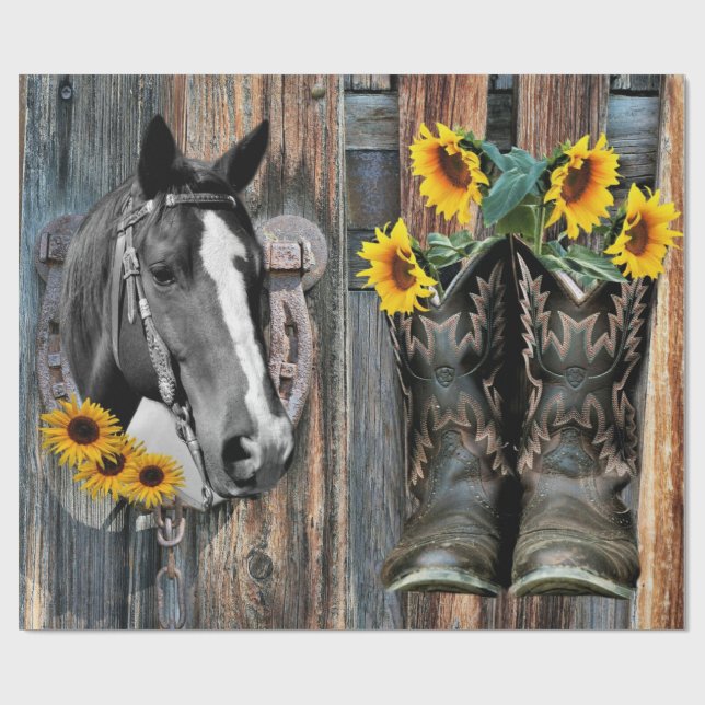 Rustic Western Horse Cowboystövlar Solblommor Presentpapper (Platt)