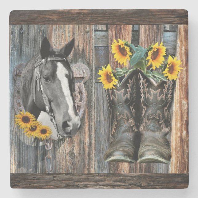 Rustic Western Horse Cowboystövlar Solblommor Ston Stenunderlägg (Framsidan)