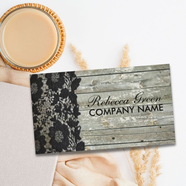 Rustic Western Land Black Snöre Barn Wood Visitkort (Rustic Western Country Black Lace Barn Wood Business Card)