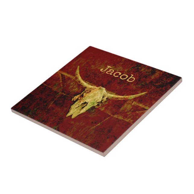 Rustic Western Land Brown Grunge Bull Skull Kakelplatta (Sidan)