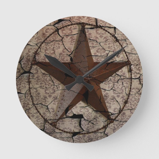 Rustic Western Land Primitive Texas Star Rund Klocka (Framsida)