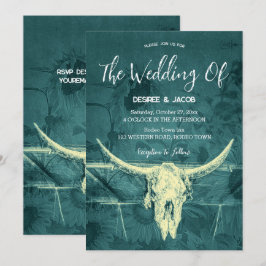 Rustic Western Mörk Teal SunblommBull Skull Inbjudningar