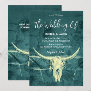 Rustic Western Mörk Teal SunblommBull Skull Inbjudningar
