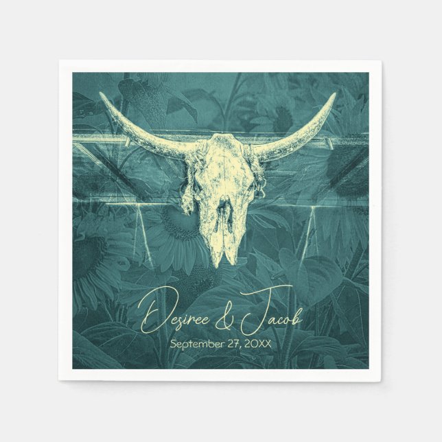 Rustic Western Mörk Teal SunblommBull Skull Pappersservett (Framsidan)