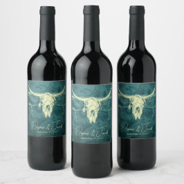 Rustic Western Mörk Teal SunblommBull Skull Vinflaska Etikett